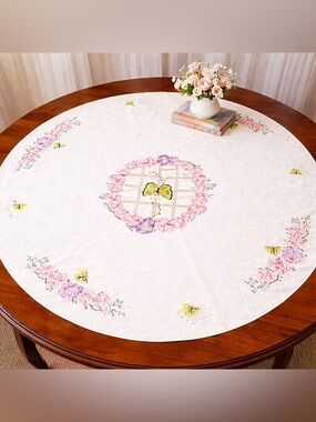 Vintage hand embroidery  Floral & Butterfly Round Tablecloth cottage farmhouse